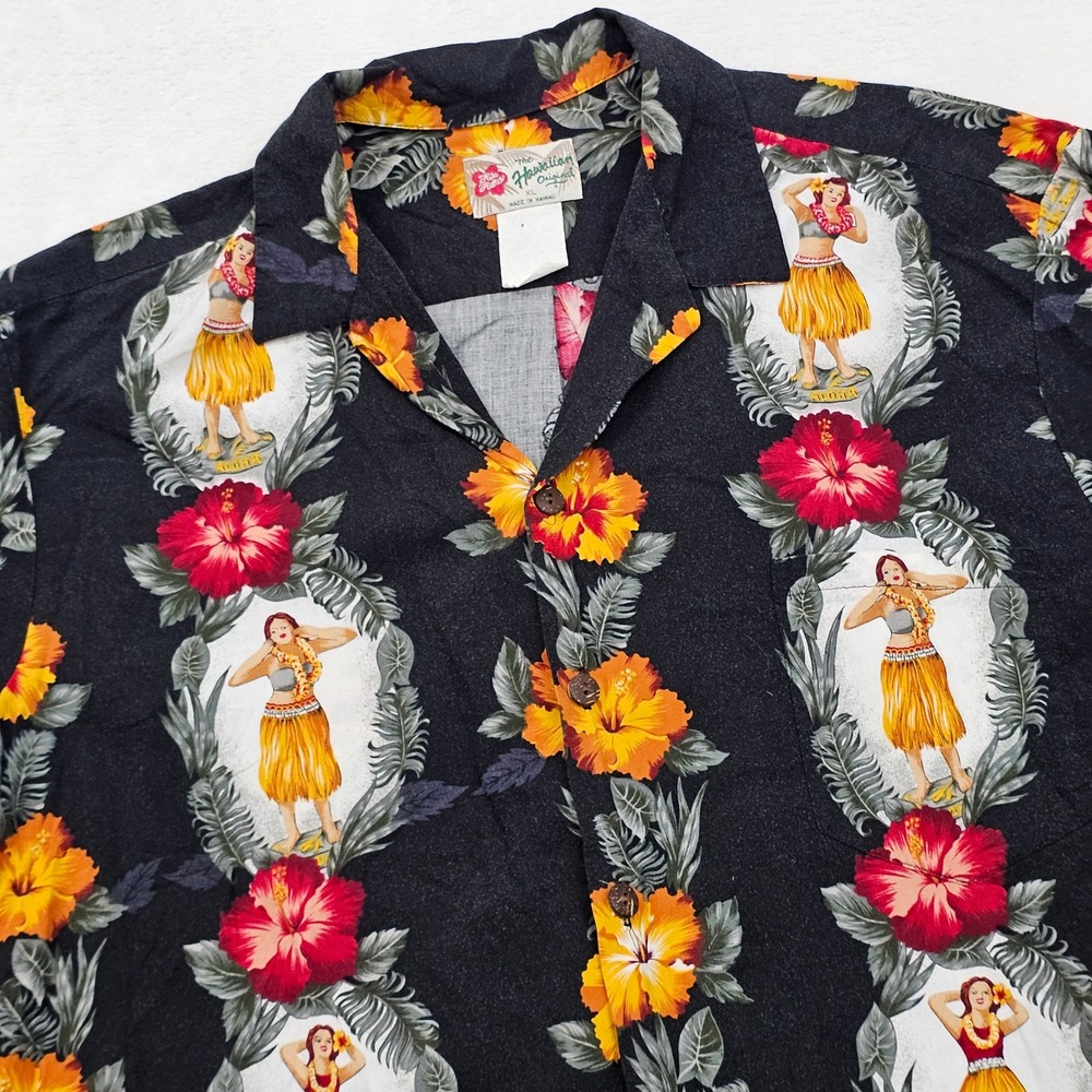 Hilo Hattie Hawaiian Shirt Mens XL Black Red Hula Girl Hibiscus Aloha Retro Tiki